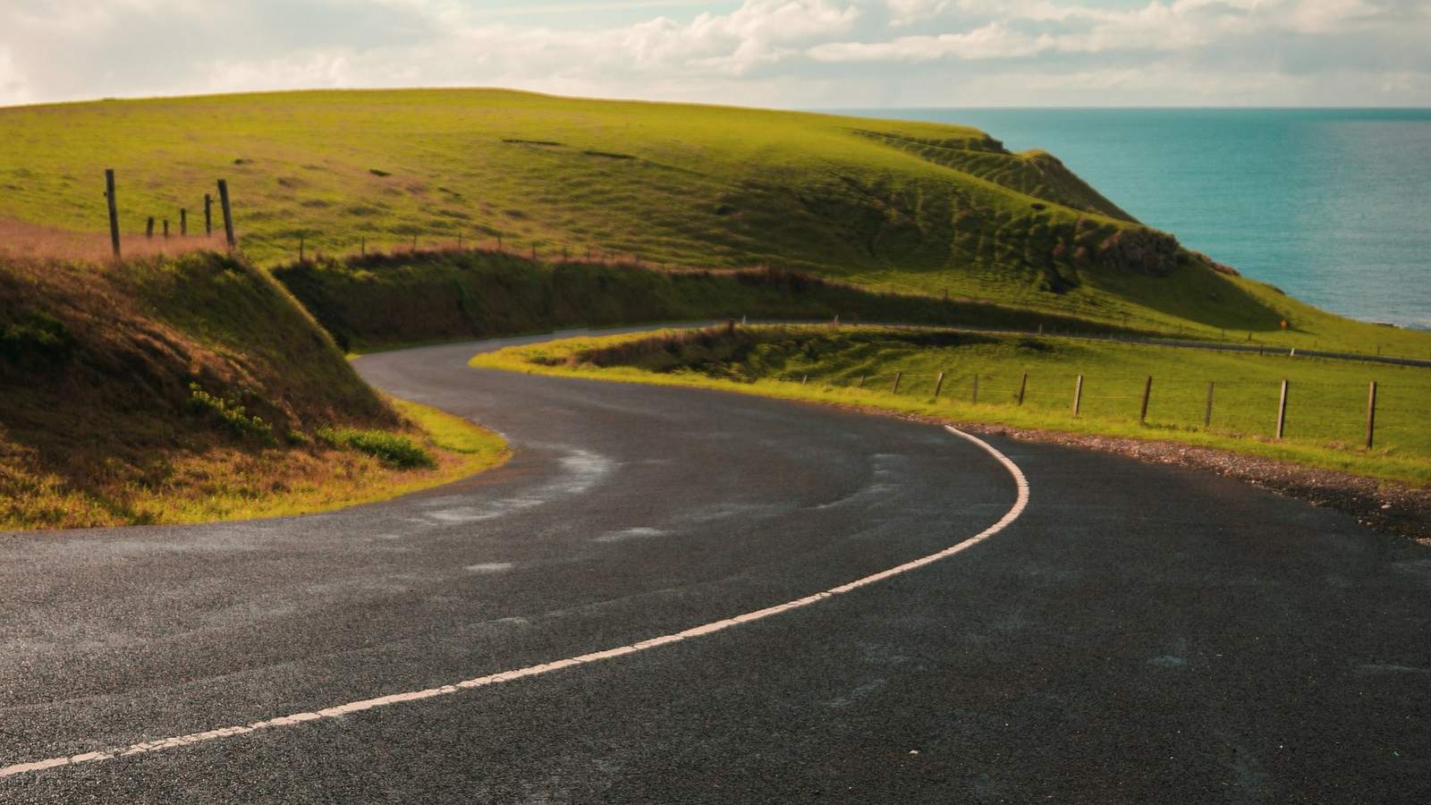 Coastal road curving past green hills in Tasmania