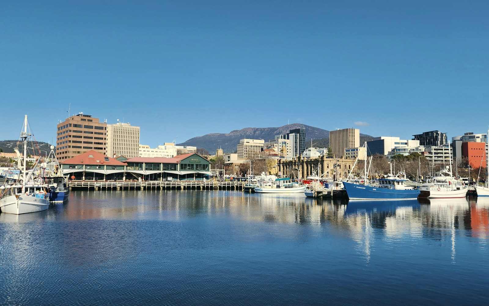Hobart waterfront with fishing boats and the city behind