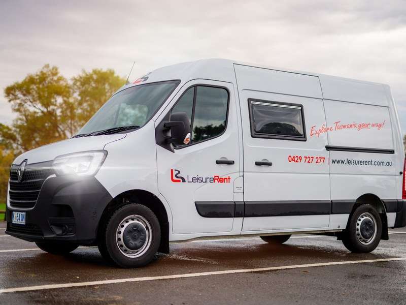 LeisureRent campervan, white van with the LeisureRent logo